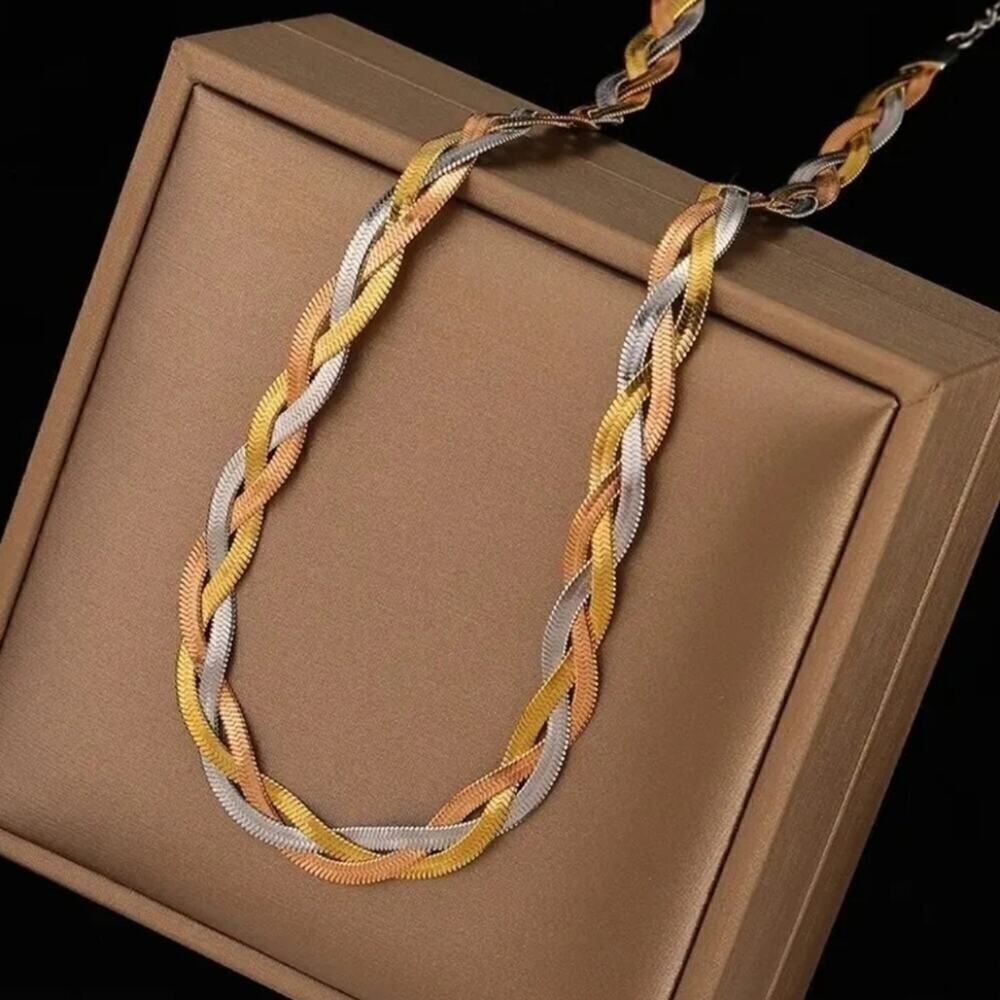 Stainless Steel Necklace Herringbone braided Tri-Colour Flat snake Chain 2 Pcs. - Picture 6 of 15